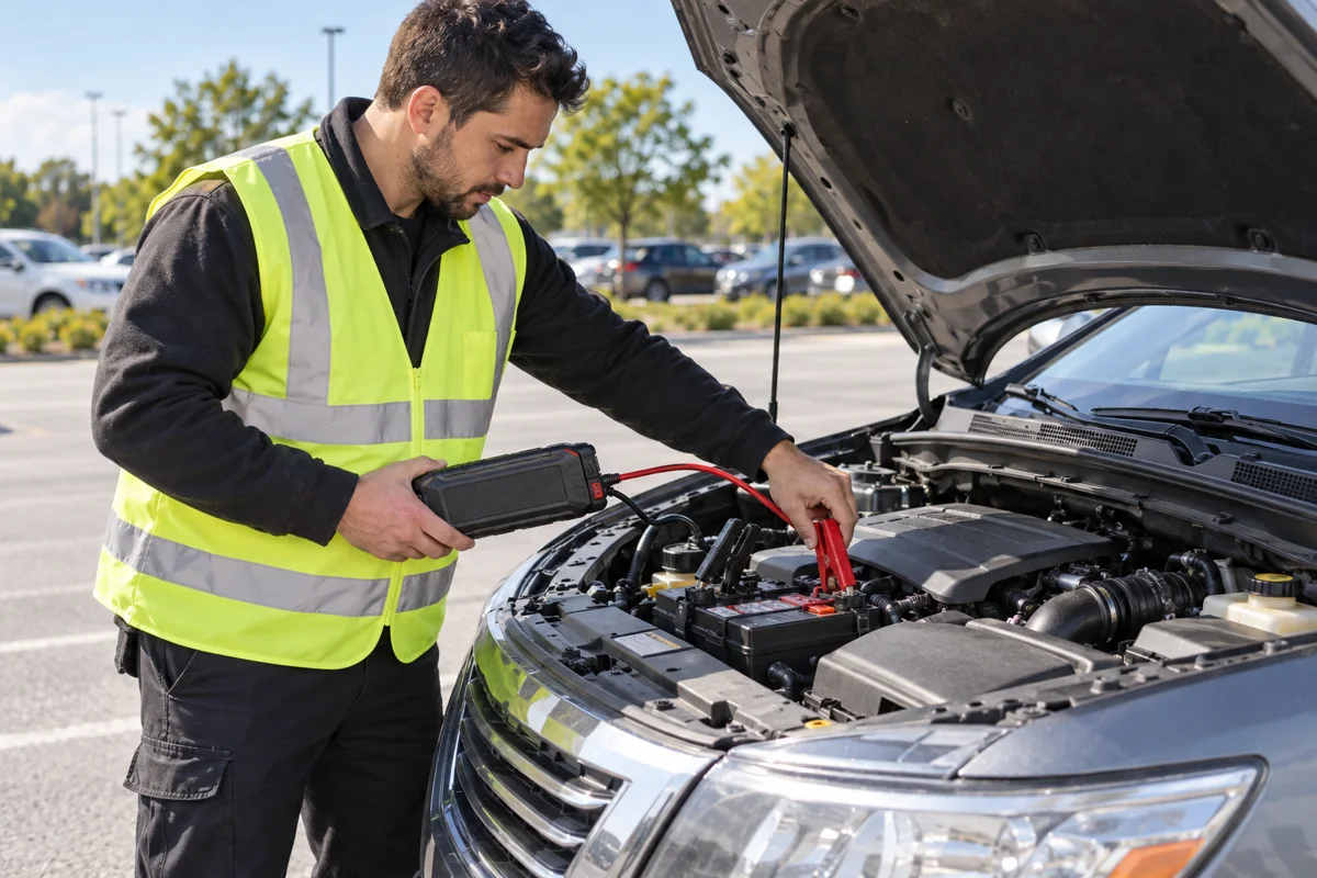 Illustrative roadside technician using a portable jump starter beside a car