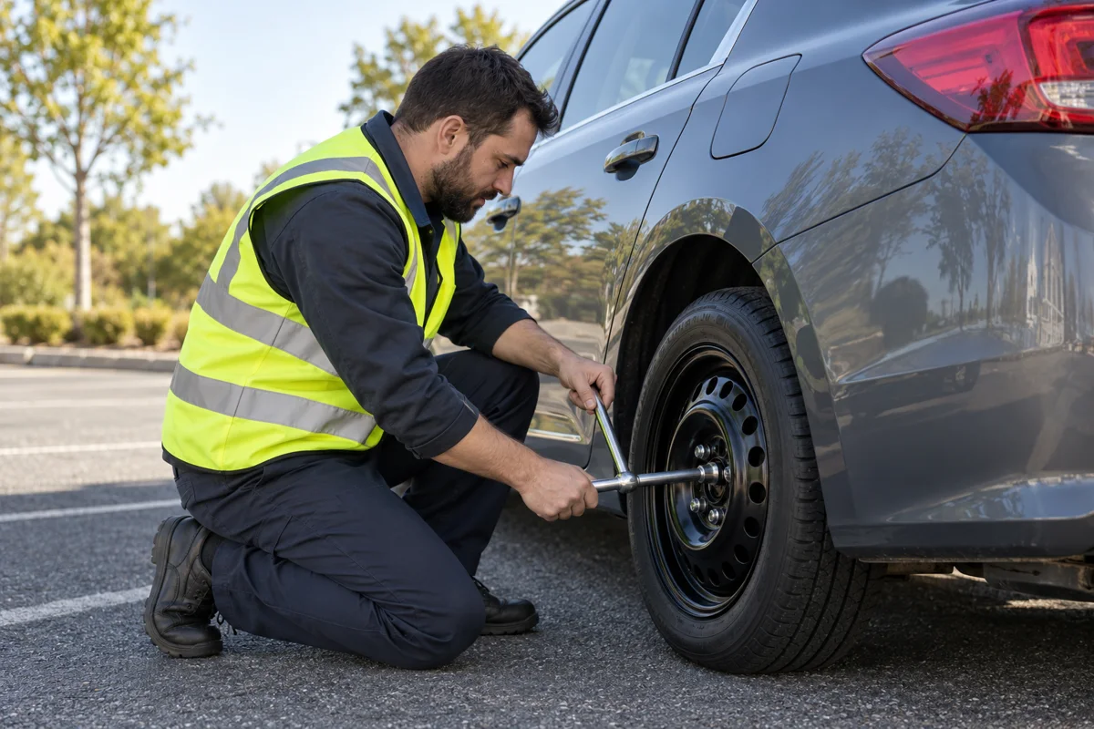 Illustrative roadside technician checking a fitted spare tire