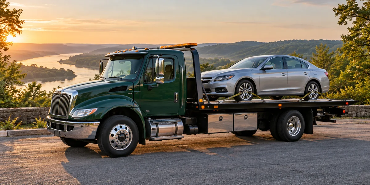 Illustrative flatbed towing options service scene